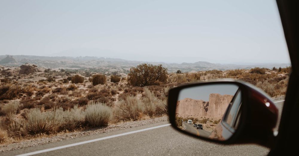 Wildlife Road Trips - Capture of a scenic desert landscape during a road trip, viewed through a car's mirror.