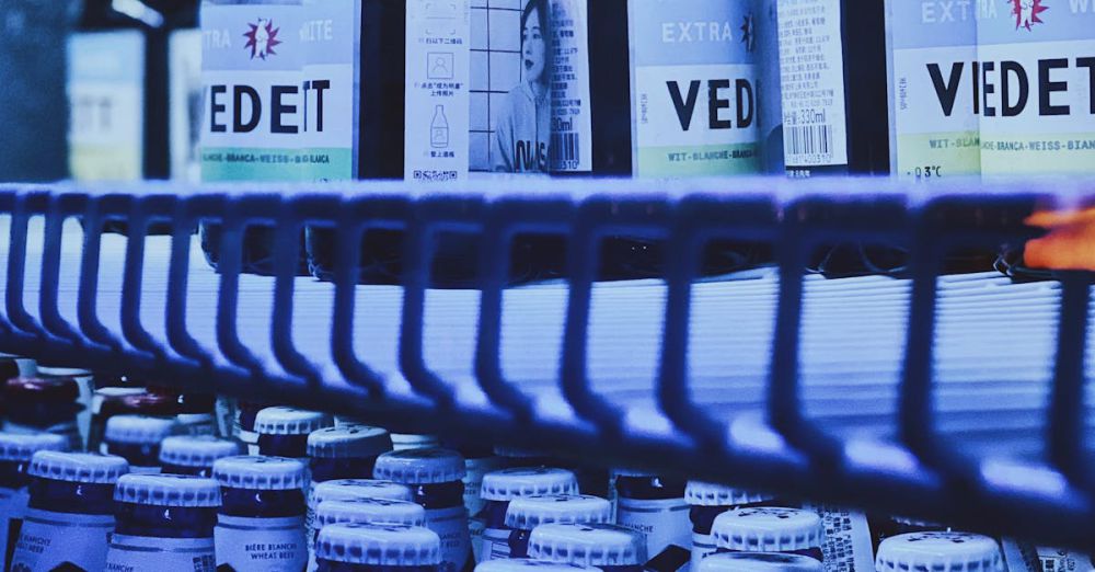 Festival Choice - Chilled beer bottles on a refrigerated shelf in a store with a blue ambiance.