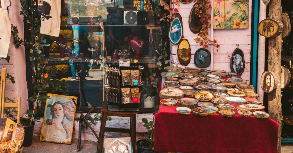 Local Artists - Colorful street market stall in Istanbul showcasing arts and crafts, ceramics, and local artifacts.