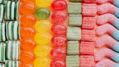 Zip Lining Choice - Colorful assortment of various candies in a neatly arranged pattern, from above.