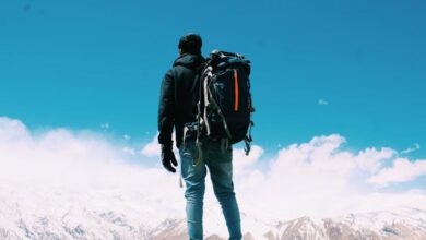 Traveler - A lone hiker with a backpack surveys snow-capped mountains under a clear blue sky.