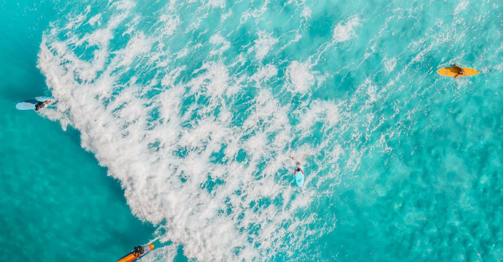 Thrill Seekers - High-angle aerial shot of surfers on vibrant blue ocean waves.