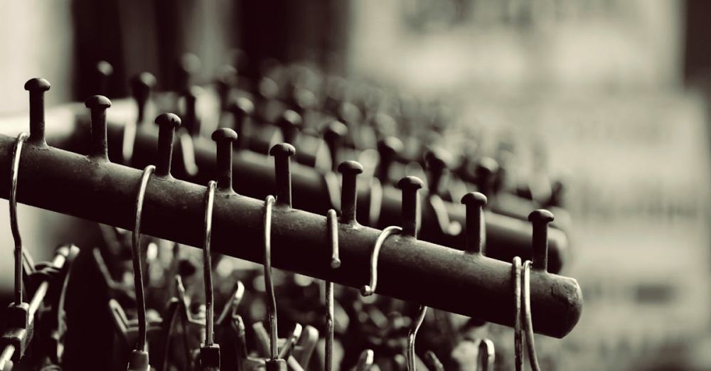 Zip Lining Photography - Stylish black and white photo of metal hangers neatly arranged on a rack, perfect for design concepts.