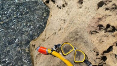 Coastal Zip Lining - Yellow snorkel mask resting on a rock by the clear sea water.