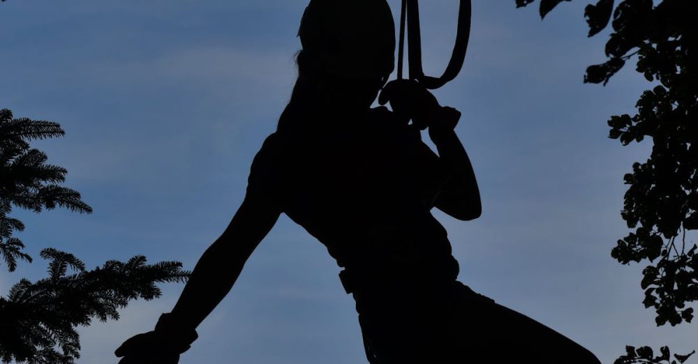 Zip Lining Gear - Silhouette of a person ziplining at dusk, showing adventure and freedom.