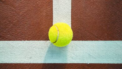 Summer Zip Lining - Tennis ball on a clay court highlighting its vibrant color and shadows. Ideal for sports concepts.