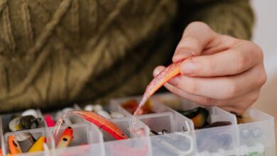 Trout Fishing - Hand selecting vibrant fishing lure from plastic container. Perfect for angling enthusiasts.