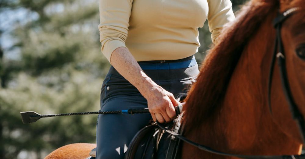 Horseback Riding Safety - Woman enjoying a sunny ride on her horse, showcasing equestrian lifestyle.