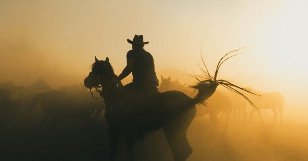 Wildlife Horseback Riding - A cowboy riding a horse through a dusty sunrise, creating a dramatic silhouette.