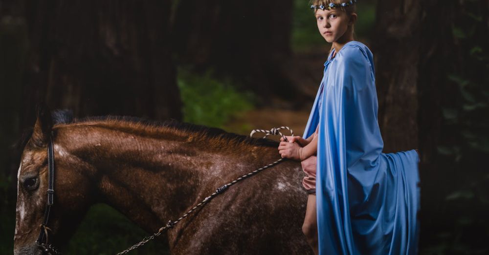 Kids Horseback Riding - A young child in a blue cloak rides a horse through a mysterious forest setting.