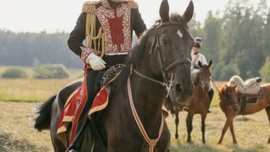 Historical Horseback Riding - Man in historical military uniform on horseback in a scenic field.