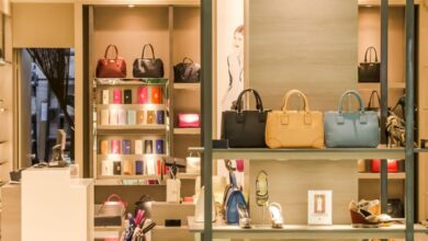 Fashion Accessories - Chic boutique with a variety of handbags and shoes elegantly displayed on shelves.