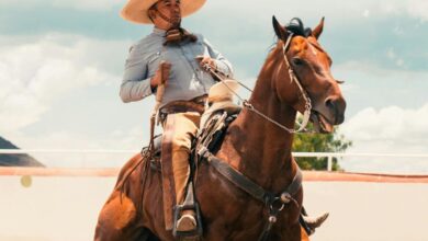Cultural Horseback Riding - Dynamic shot of a Mexican charro skillfully riding a horse, stirring up dust in Pachuca, Mexico.
