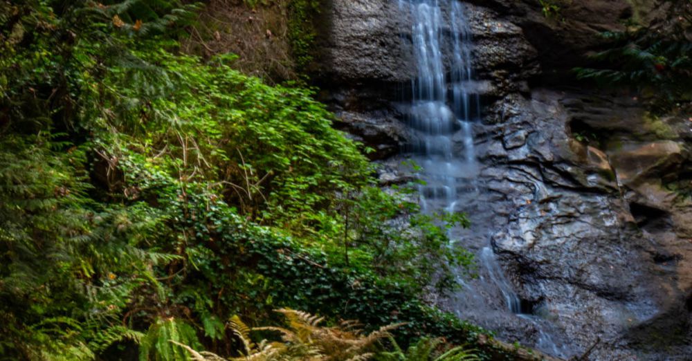 BC Waterfalls - Captivating waterfall flowing through lush greenery in a forested area of British Columbia, Canada.