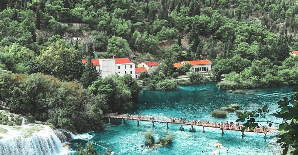 National Park Waterfalls - A breathtaking aerial view of waterfalls and lush greenery in Krka National Park, Croatia.