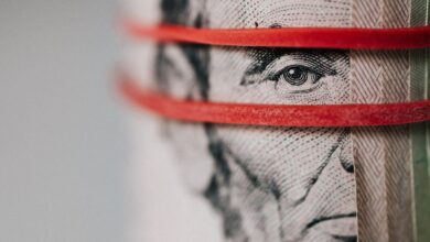 Budget Tours - Closeup of rolled United States five dollar bills tightened with red rubber band