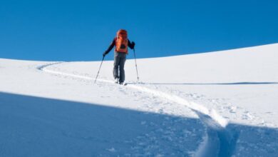 Solo Tours - A lone skier with a backpack traverses a snow-covered landscape under clear blue skies.