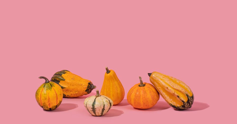 Seasonal Produce Markets - Colorful assortment of squashes against a pink background, perfect for fall themes.