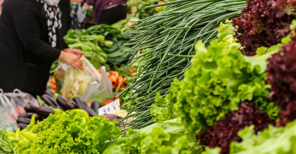 Bargain Farmers Markets - A bustling street market scene with a diverse array of fresh vegetables and shoppers.