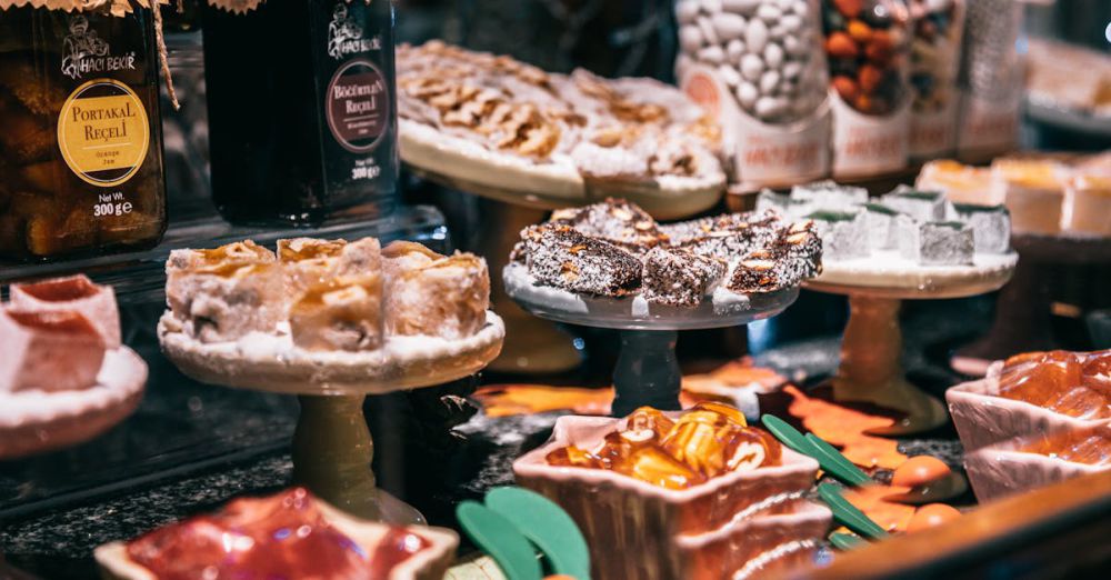 Jam Markets - Assorted Turkish delights and jam on showcase of market selling delicious traditional sweets