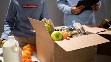 Canned Goods Markets - People packing a cardboard box with essentials like fruits, vegetables, and bottled water for charity.