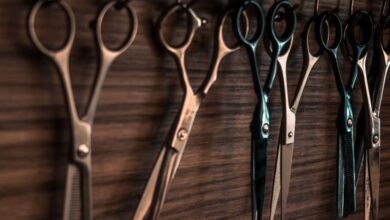 Scissors - A collection of vintage barber scissors hanging on a wooden wall, showcasing sharp tools for hair cutting.