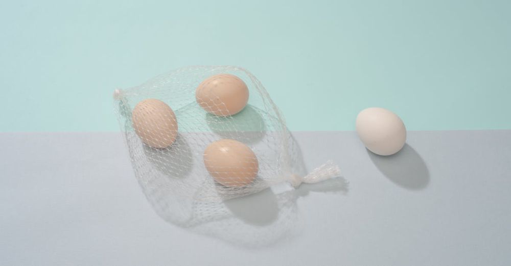 Organic Egg Markets - Artistic still life photo of eggs in a net on pastel background, showcasing simplicity.