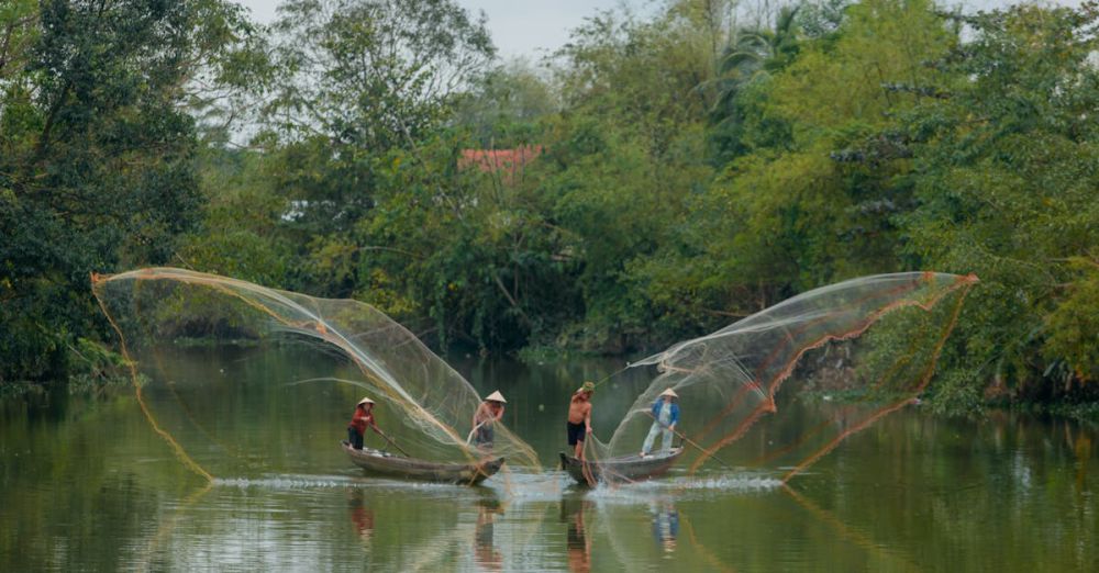 Wildlife Canoe Portaging - Captivating scene of Vietnamese fishermen casting nets on a tranquil river in Hue.