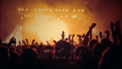 Live Music Festivals - Energetic music concert with a vibrant crowd cheering under bright stage lights.