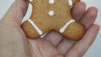 Food Winter Festivals - Close-up of a hand holding a gingerbread cookie with lights in the background.