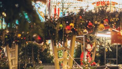 Parade Winter Festivals - Festive merry go round decorated with sparkling lights for Christmas holidays located in amusements park in city for entertainment