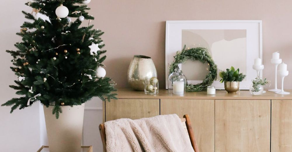 New Year Winter Festivals - Stylish Christmas tree and gifts in a modern minimalist living room setting.