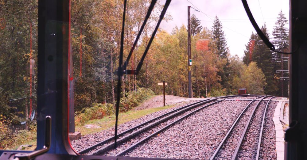 Fall Foliage Scenic Train Rides - View from a train cockpit traveling through a scenic autumn forest with railway tracks in sight.