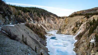 National Park Scenic Train Rides - Stunning view of frozen river cutting through rugged canyon in Alaska, under a clear blue sky.