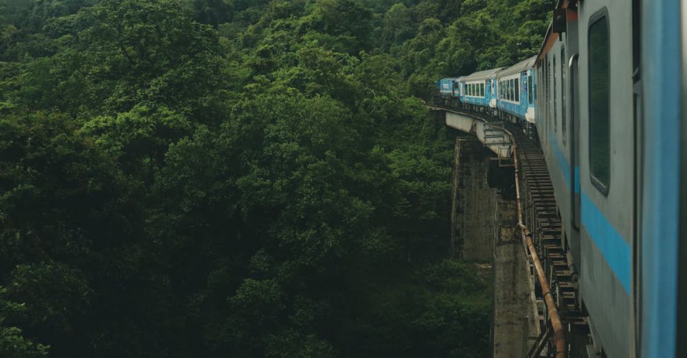 Wildlife Scenic Train Rides - Colorful train crossing a bridge in a lush forest landscape, highlighting travel adventure.