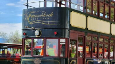 Cultural Scenic Train Rides - Charming two-storey tram at the popular Franschhoek wine tram station, perfect for travel and tourism.