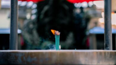 Aromatic Urban Gardens - Close-up of burning incense sticks at an Osaka shrine capturing the serene atmosphere.