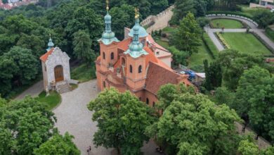 Green Roof Urban Gardens - Aerial photography of a historic European church surrounded by lush greenery and cityscape.