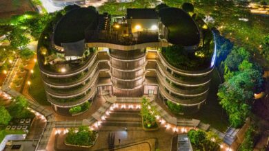 Rooftop Urban Gardens - A stunning night aerial view of a modern architectural building in Banten, Indonesia, illuminated with vibrant lights.