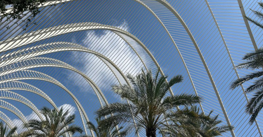 Organic Urban Gardens - Modern architectural structure with palm trees against a blue sky, showcasing futuristic design.