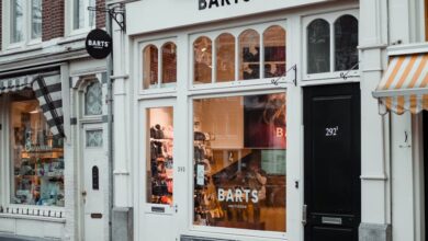 Shops - A cozy urban storefront with unique architecture and welcoming signage captured on a rainy day.