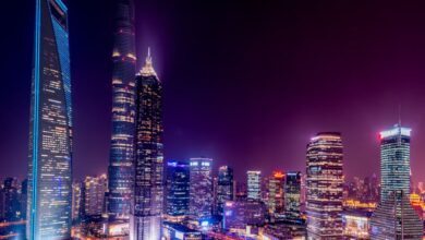 Cities - Majestic view of Shanghai's illuminated skyline featuring iconic skyscrapers at night.