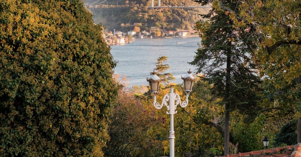 Areas - Autumn view of Bosphorus Bridge from a park with trees and stone benches in Istanbul, Turkey.