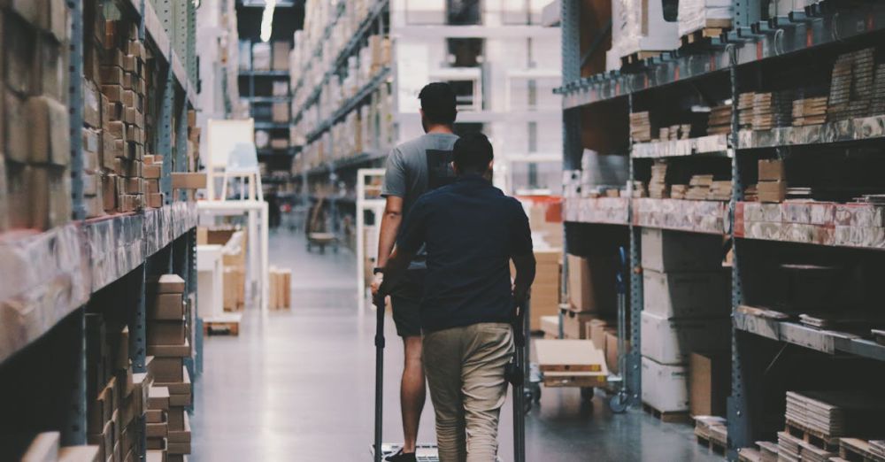 Goods - Two men maneuver a trolley in a large warehouse filled with boxes and shelves.