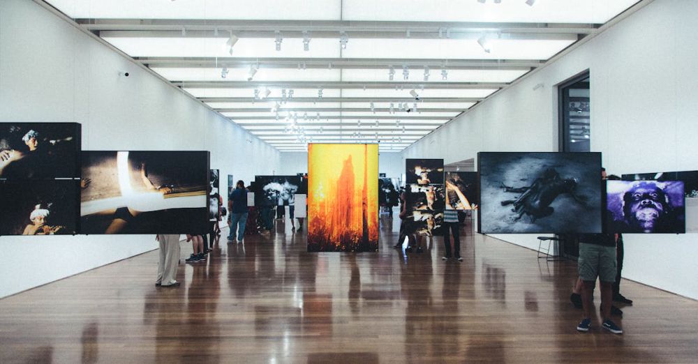 Arts - A contemporary art gallery with visitors observing various photographic exhibitions displayed on walls and stands.