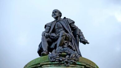 Shakespeare - Statue of William Shakespeare in Stratford-upon-Avon, England against a cloudy sky.