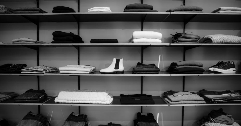 Clothing - Neatly folded clothing and shoes displayed on shelves in a boutique setting.