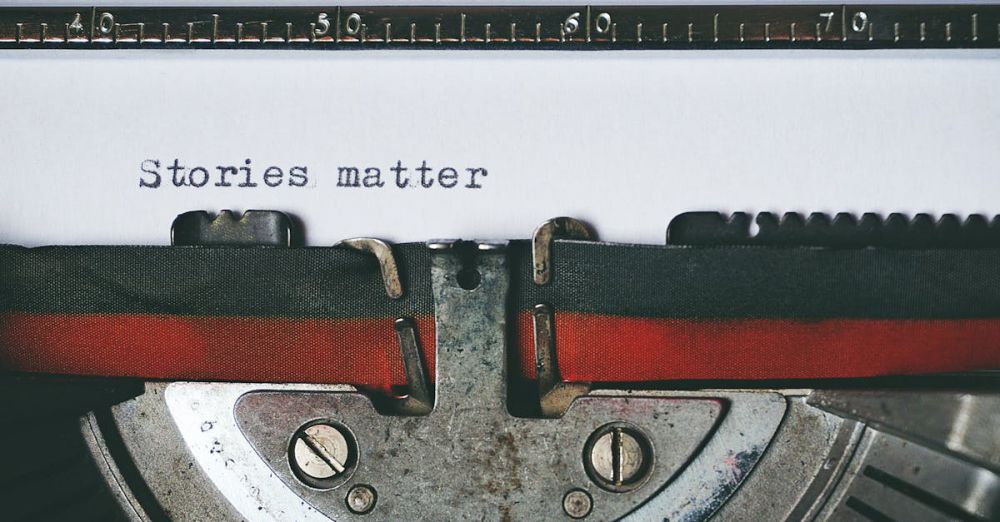 Stories - Close-up of a vintage typewriter with the text 'Stories matter' typed on paper, evoking nostalgia.