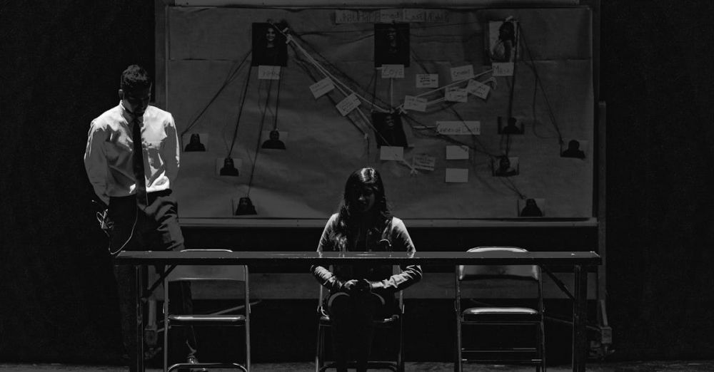 Investigation - Black and white scene depicting a tense interrogation with suspect and investigator.