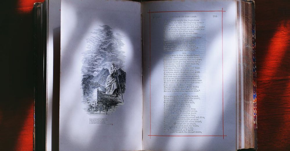 History - An open vintage book displaying illustrated poetry pages, creating an artistic literary ambiance.